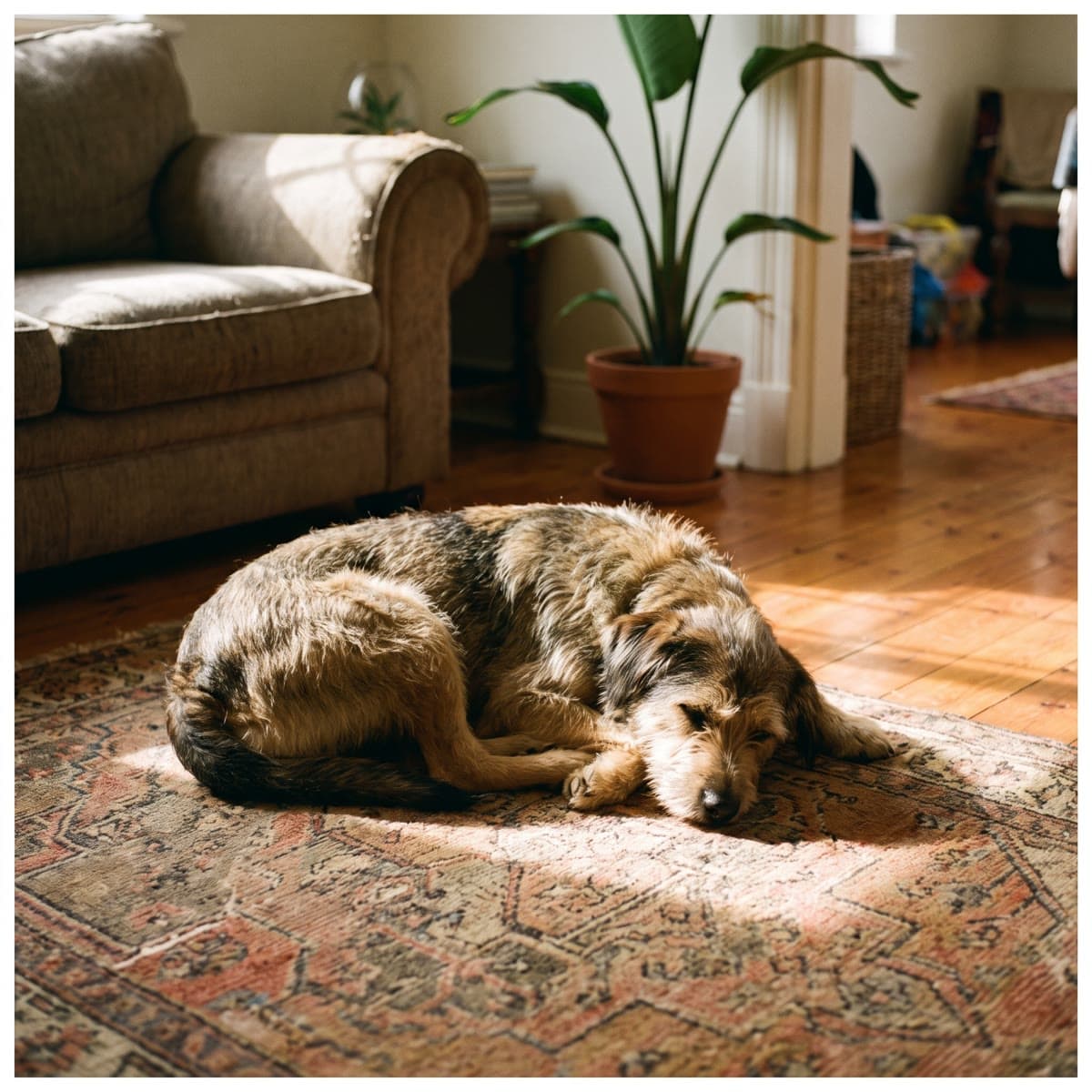 Placeholder image: a dog asleep on a rug in a patch of afternoon sun