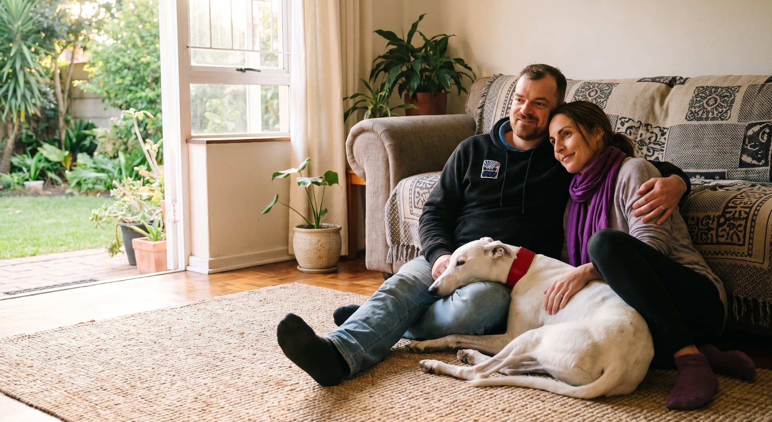 Ben and Em at home with one of their dogs
