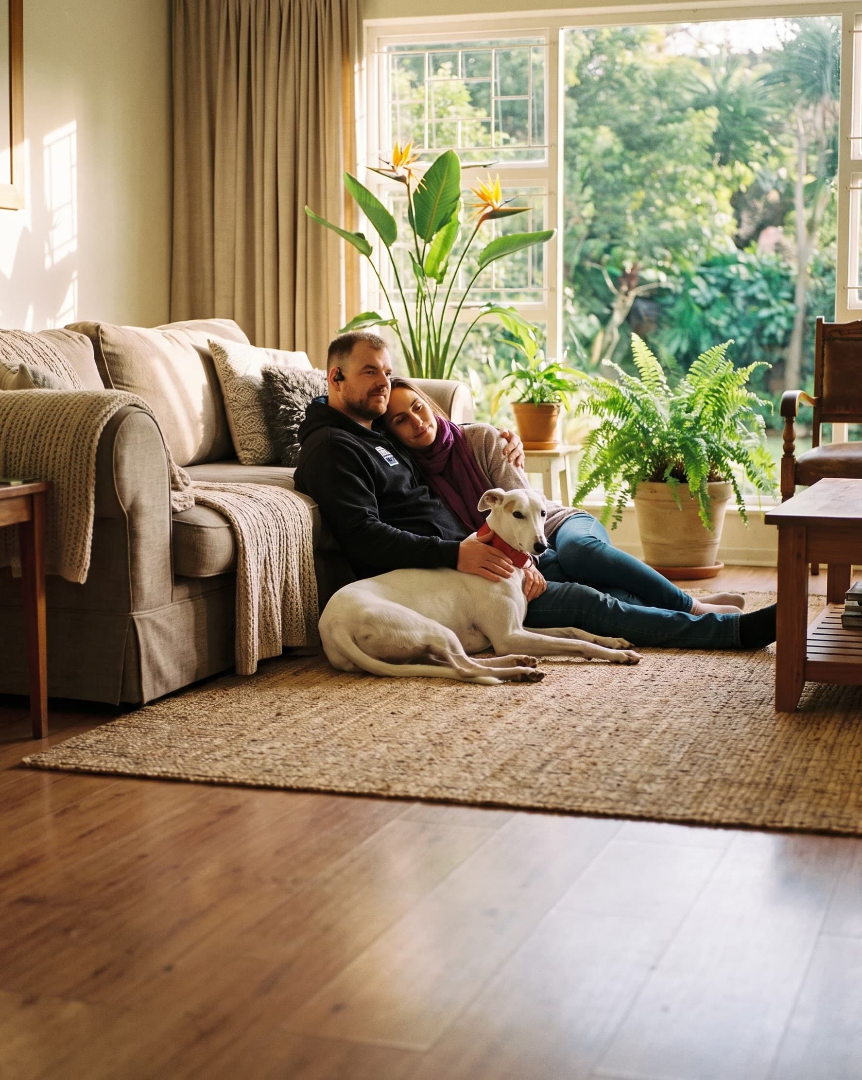 Ben and Em at home with one of their dogs