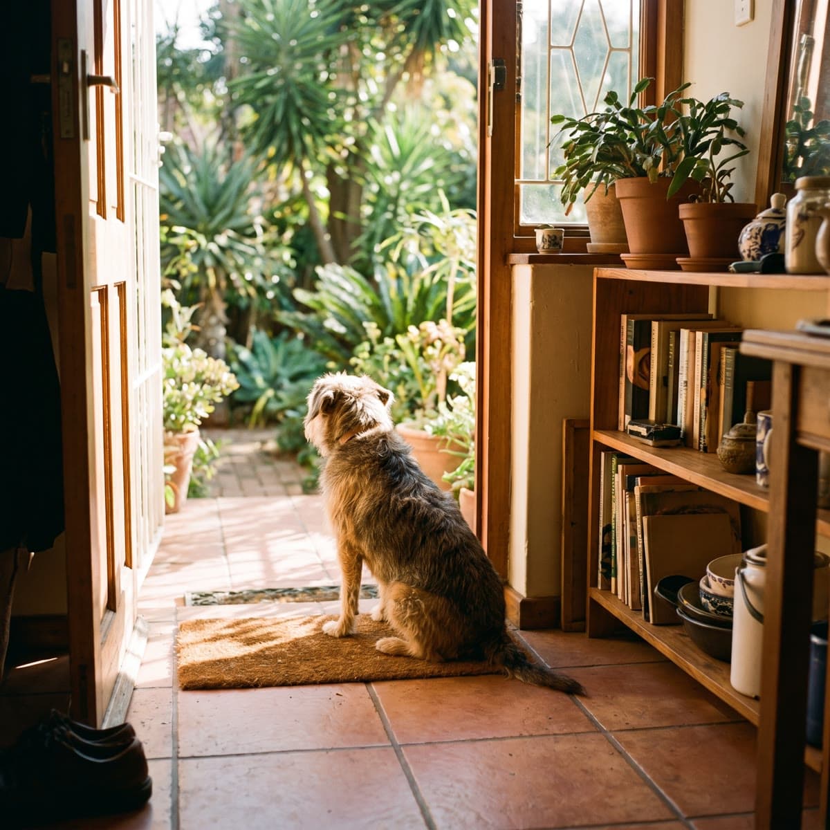 Placeholder image: a dog sitting in an open doorway looking out at a garden